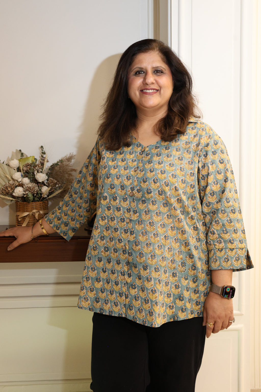 Light Green Floral Jaipuri Hand Block Printed Cotton Shirt