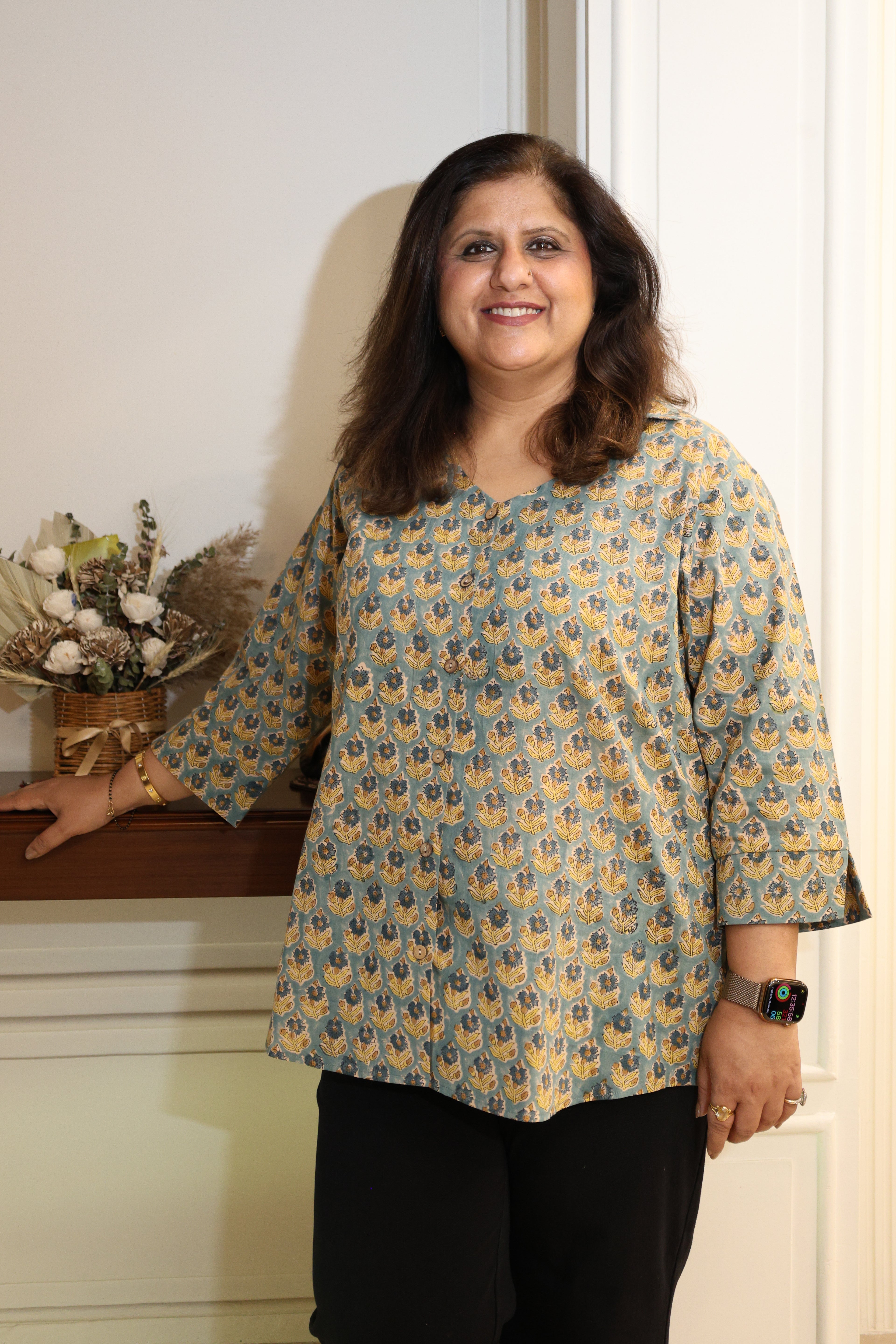 Light Green Floral Jaipuri Hand Block Printed Cotton Shirt