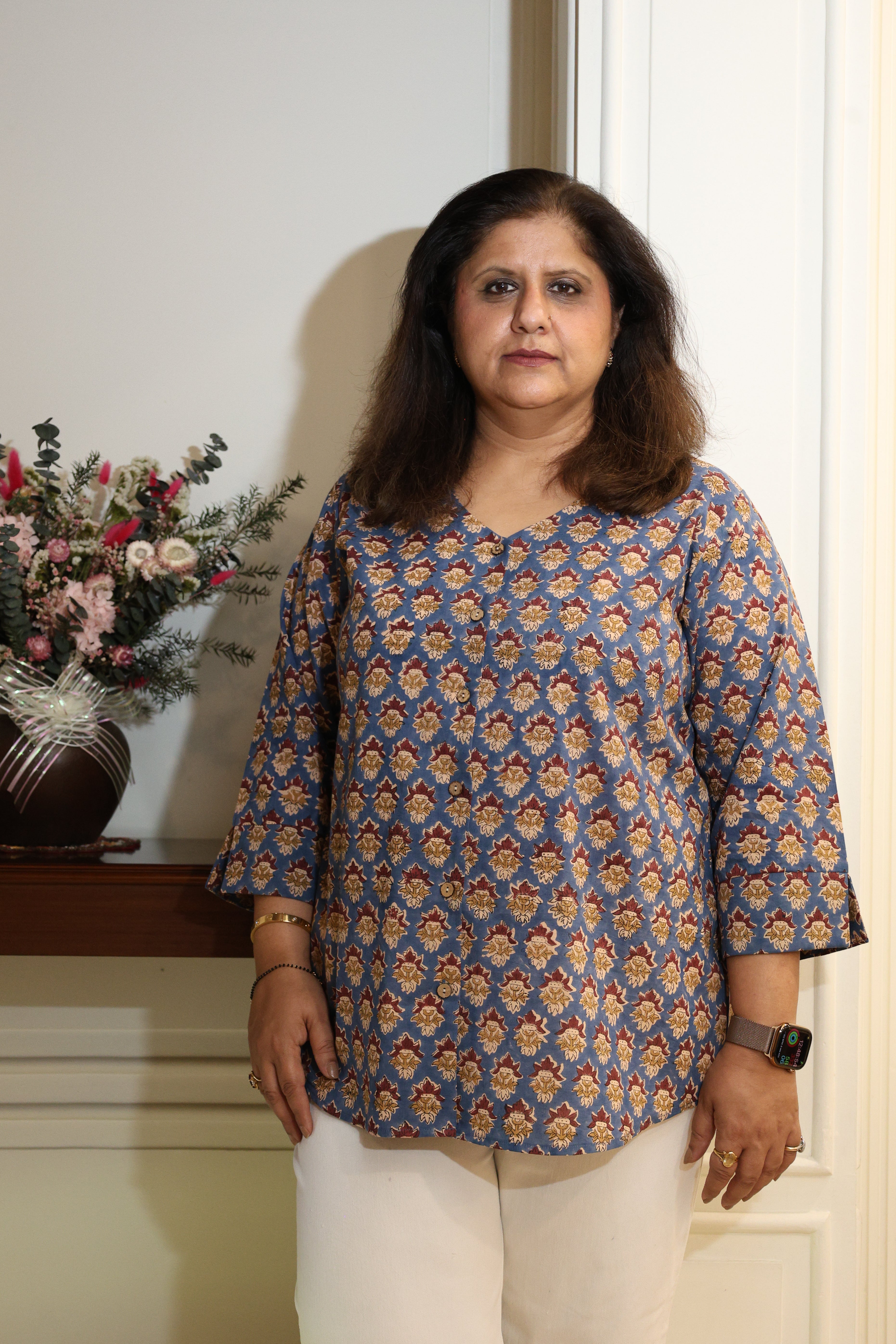 Blue Floral Jaipuri Hand Block Printed Cotton Shirt