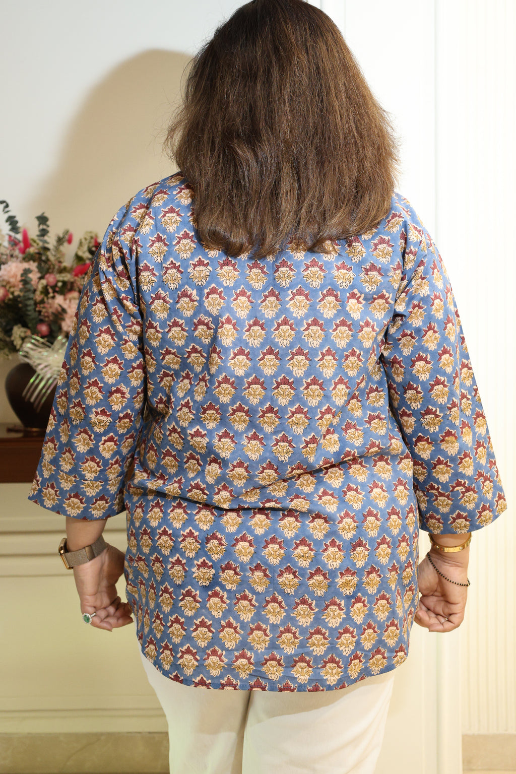 Blue Floral Jaipuri Hand Block Printed Cotton Shirt