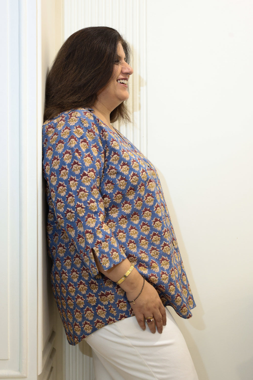 Blue Floral Jaipuri Hand Block Printed Cotton Shirt