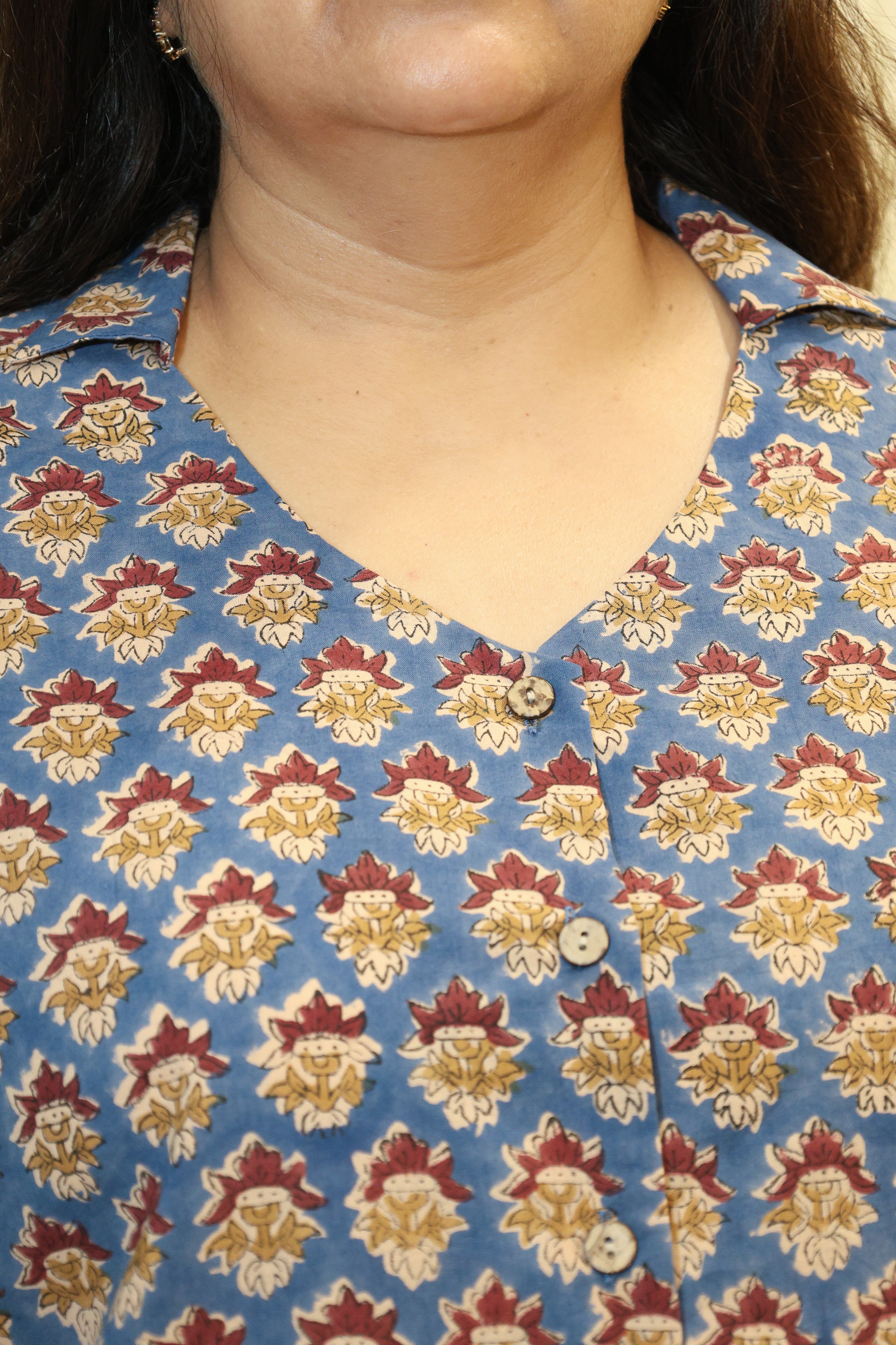 Blue Floral Jaipuri Hand Block Printed Cotton Shirt