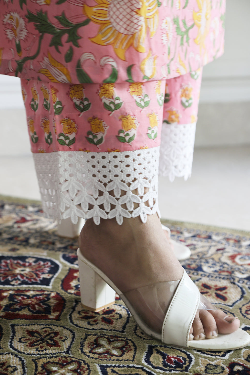 Pink Floral Jaipuri Cotton Co-ord Set with Delicate Lace Detailing