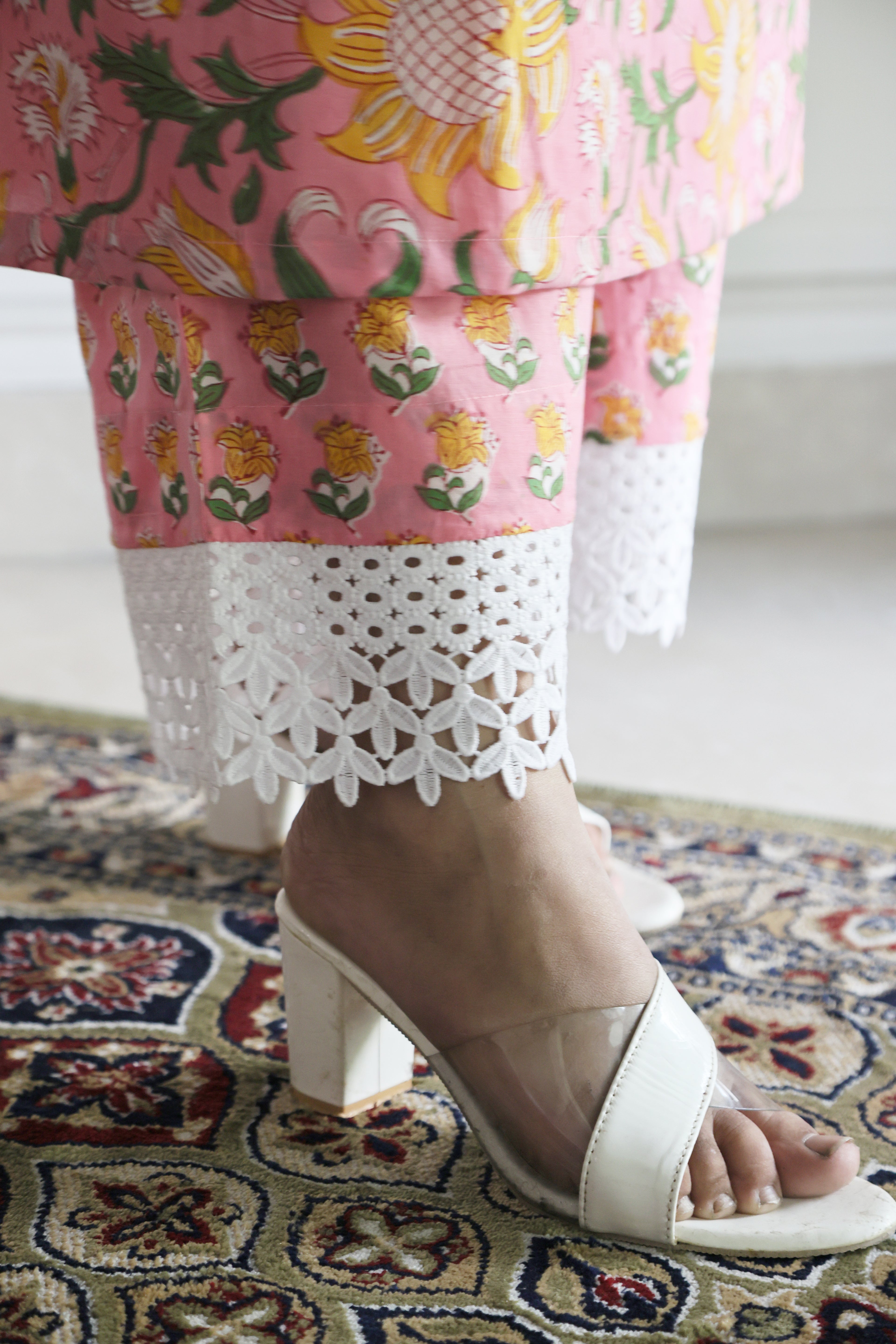 Pink Floral Jaipuri Cotton Co-ord Set with Delicate Lace Detailing
