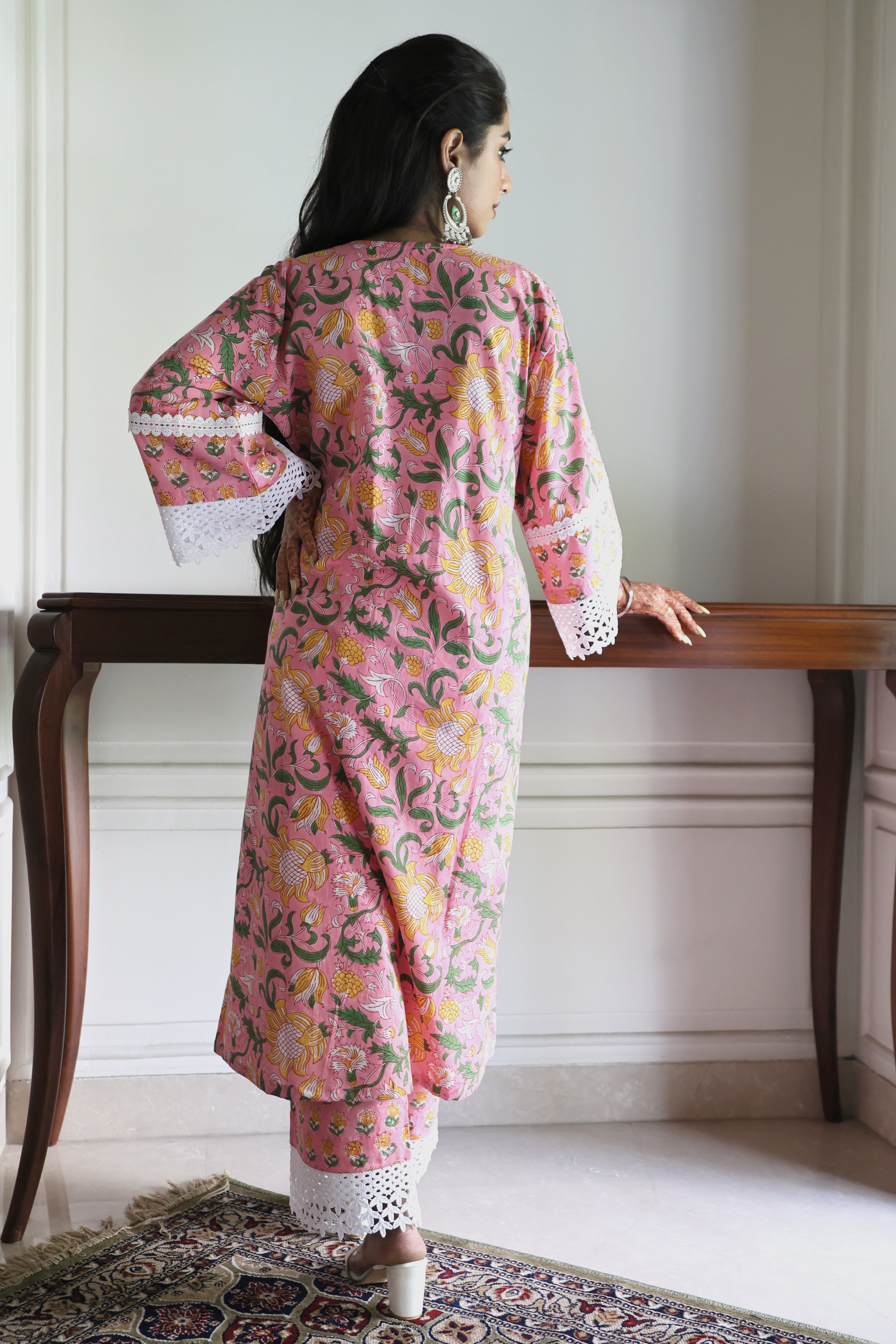 Pink Floral Jaipuri Cotton Co-ord Set with Delicate Lace Detailing