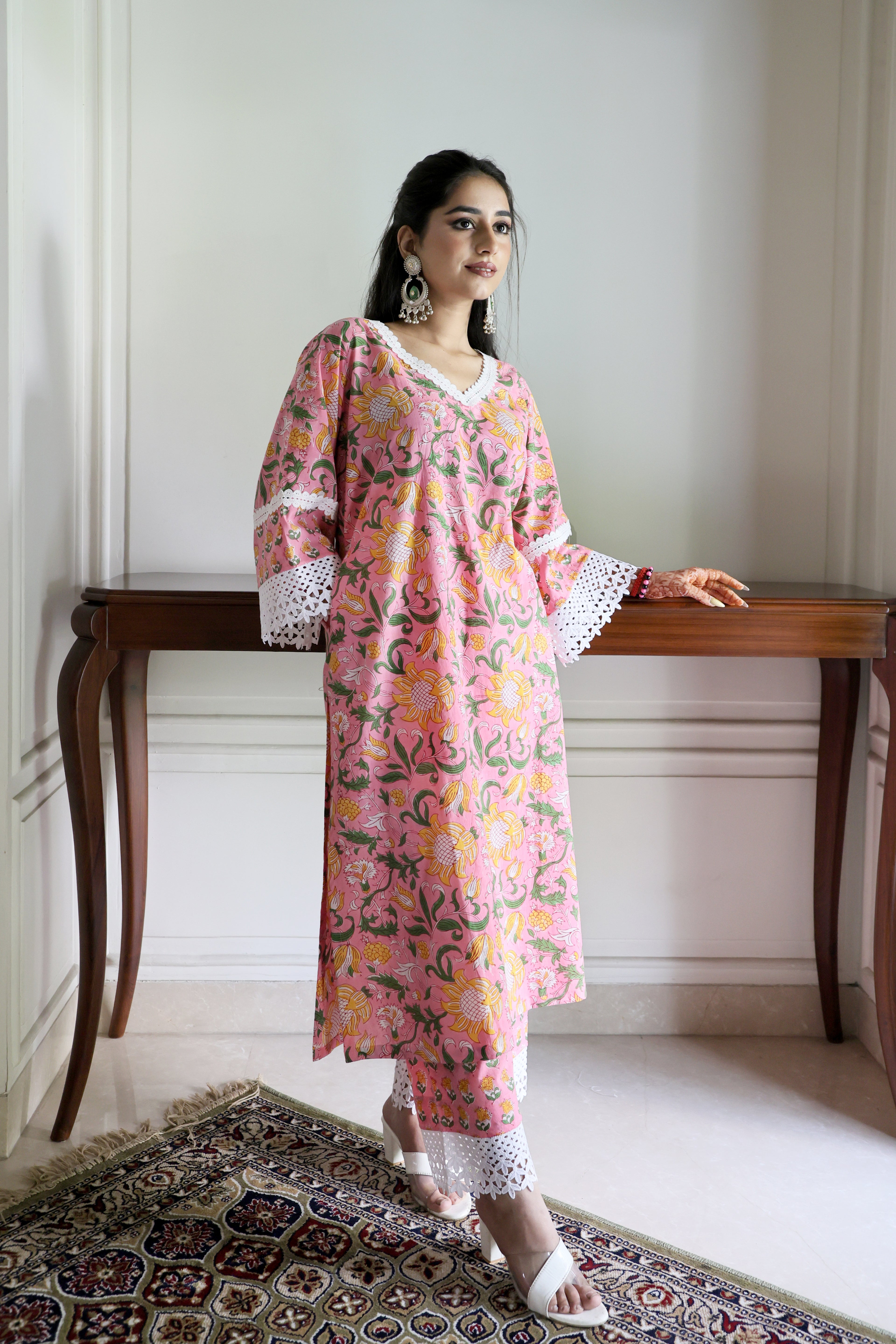 Pink Floral Jaipuri Cotton Co-ord Set with Delicate Lace Detailing