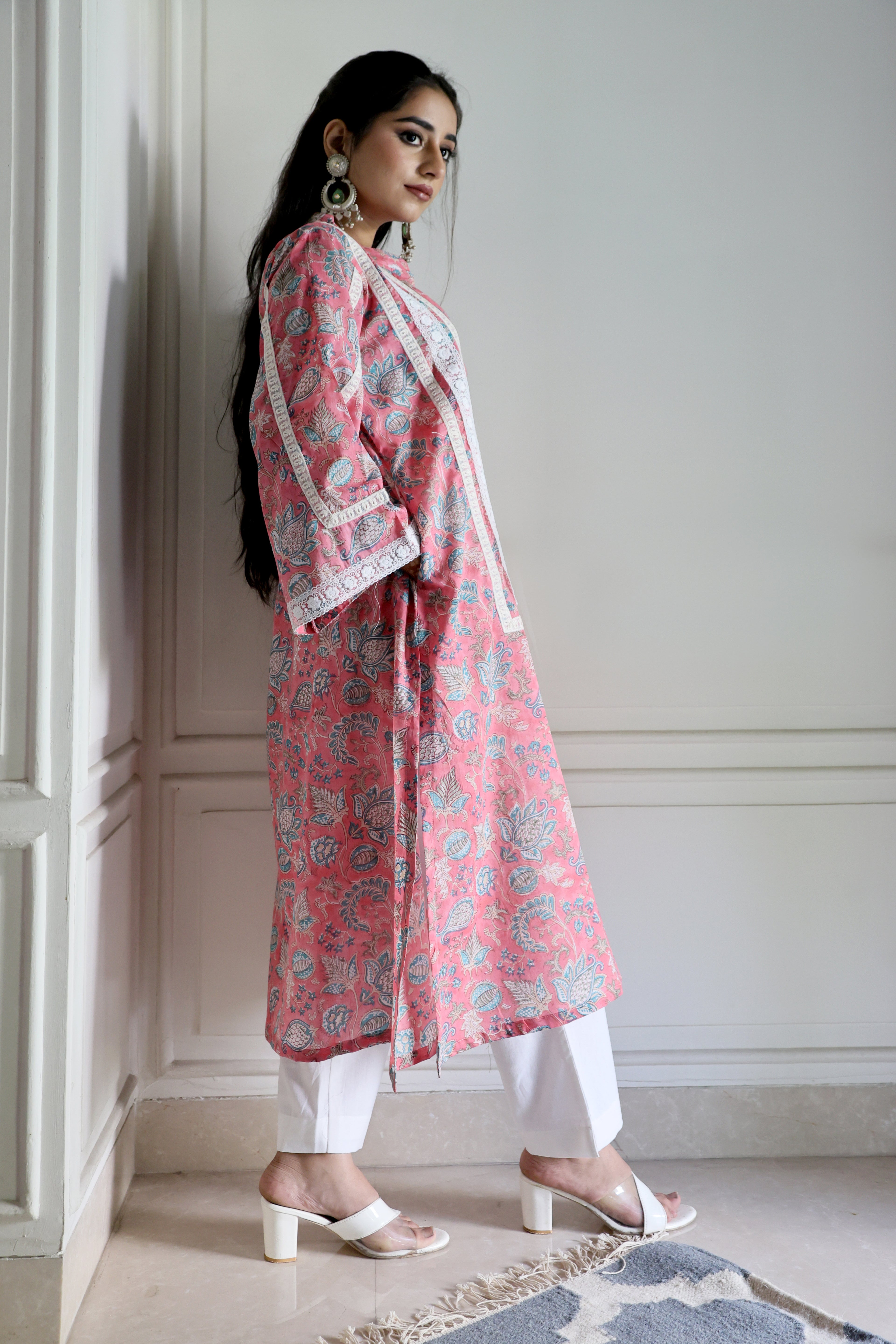 Pink Jaipuri Block Print Cotton Kurta with Elegant Lacework