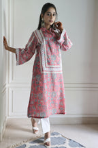 Pink Jaipuri Block Print Cotton Kurta with Elegant Lacework