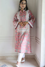 Pink Jaipuri Block Print Cotton Kurta with Elegant Lacework
