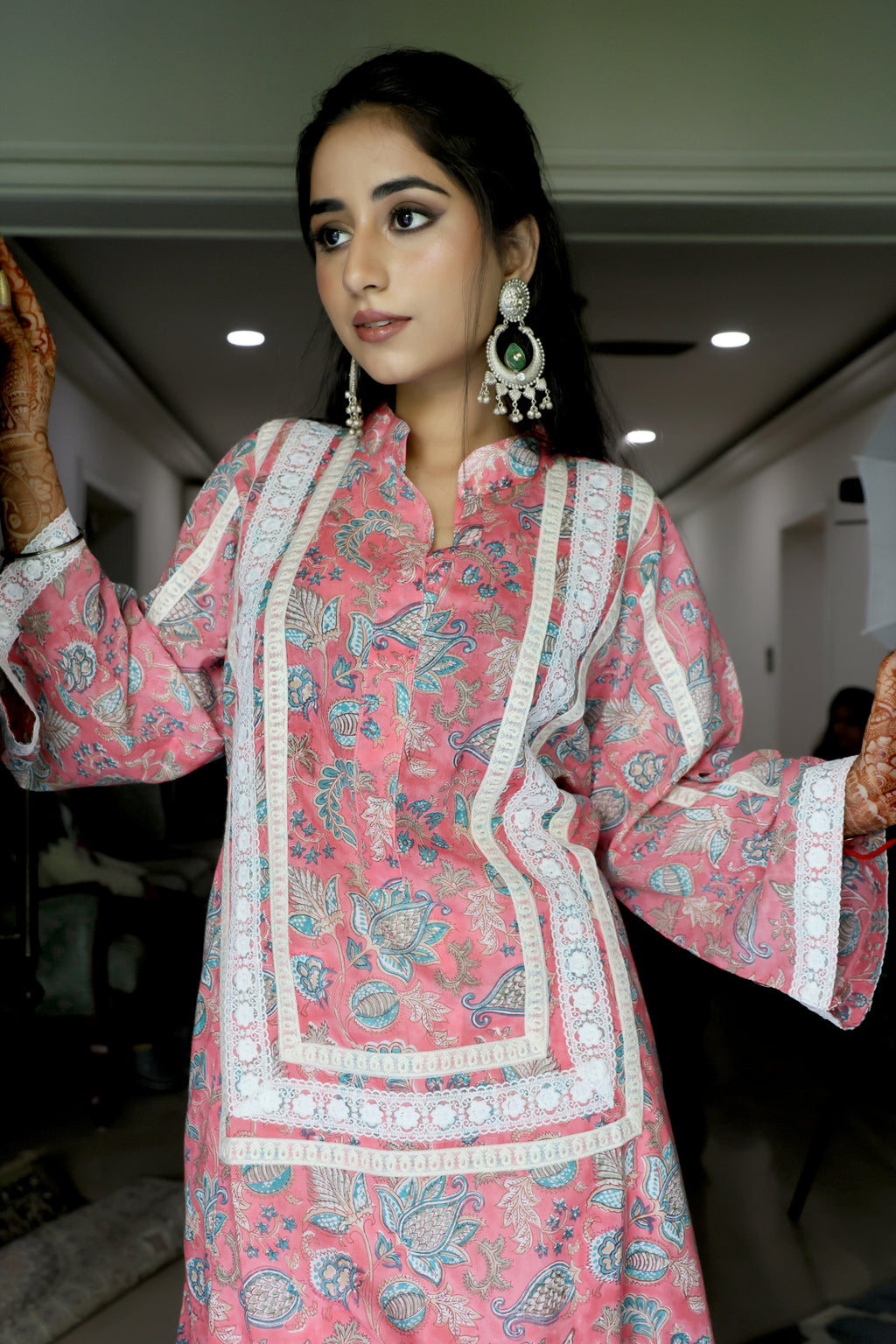 Pink Jaipuri Block Print Cotton Kurta with Elegant Lacework