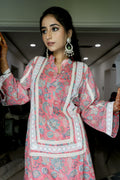 Pink Jaipuri Block Print Cotton Kurta with Elegant Lacework