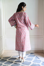 Pink Jaipuri Block Print Cotton Kurta with Elegant Lacework