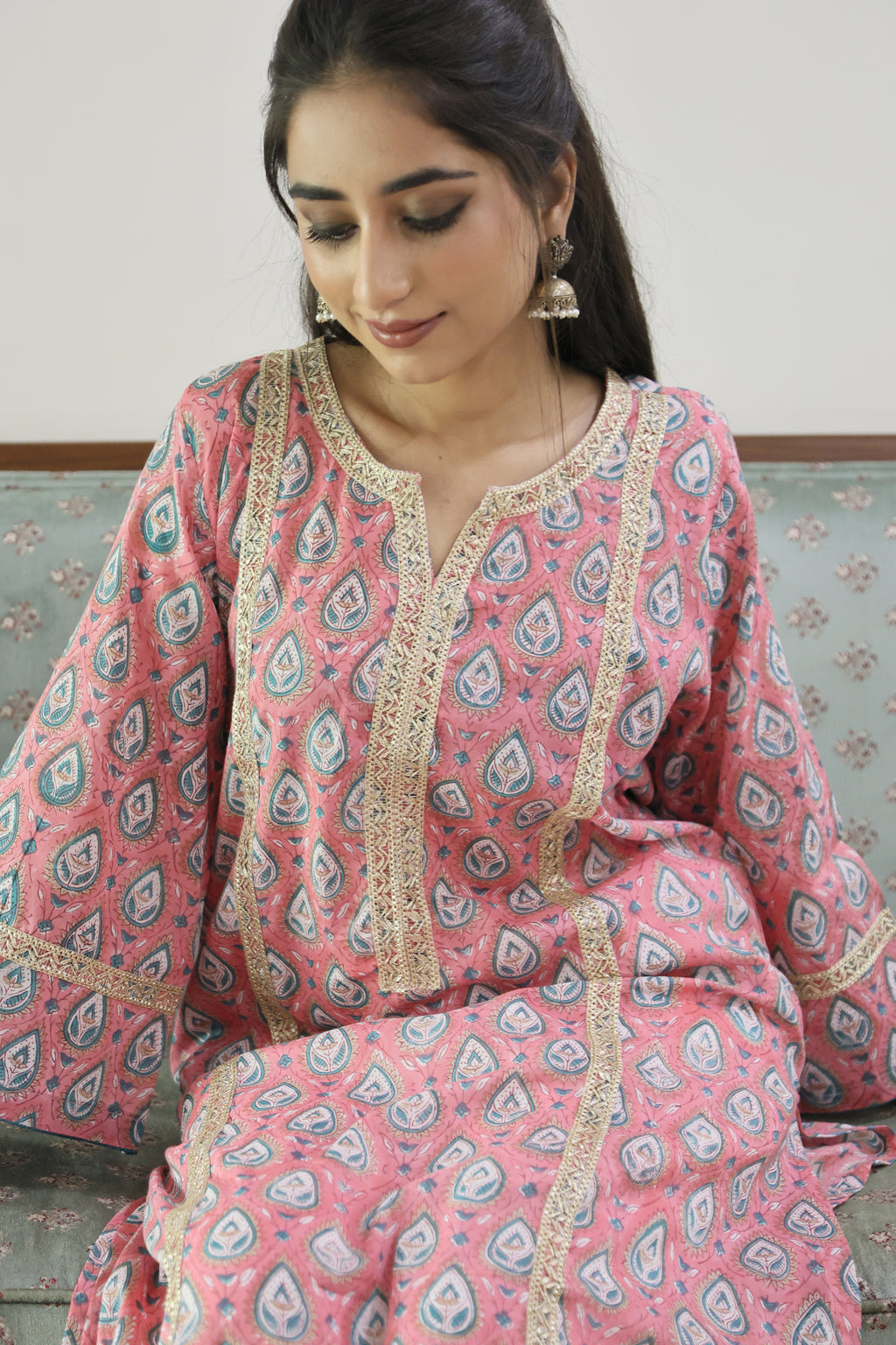 Pink Jaipuri Block Print Cotton Kurta with Elegant Lacework