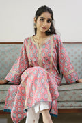 Pink Jaipuri Block Print Cotton Kurta with Elegant Lacework