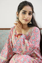 Pink Jaipuri Block Print Cotton Kurta with Elegant Lacework