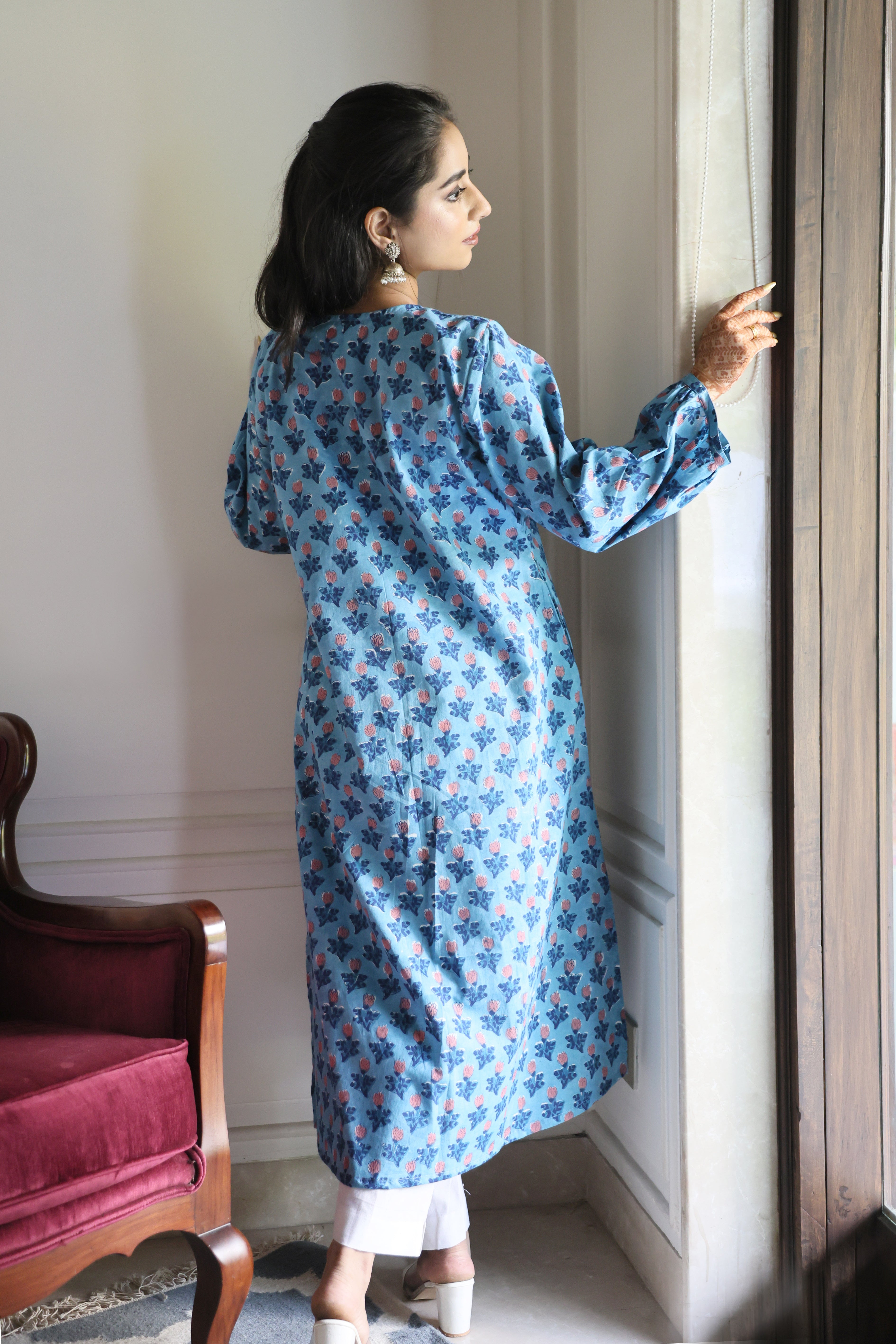 Blue Floral Jaipuri Hand Block Printed Cotton Kurta
