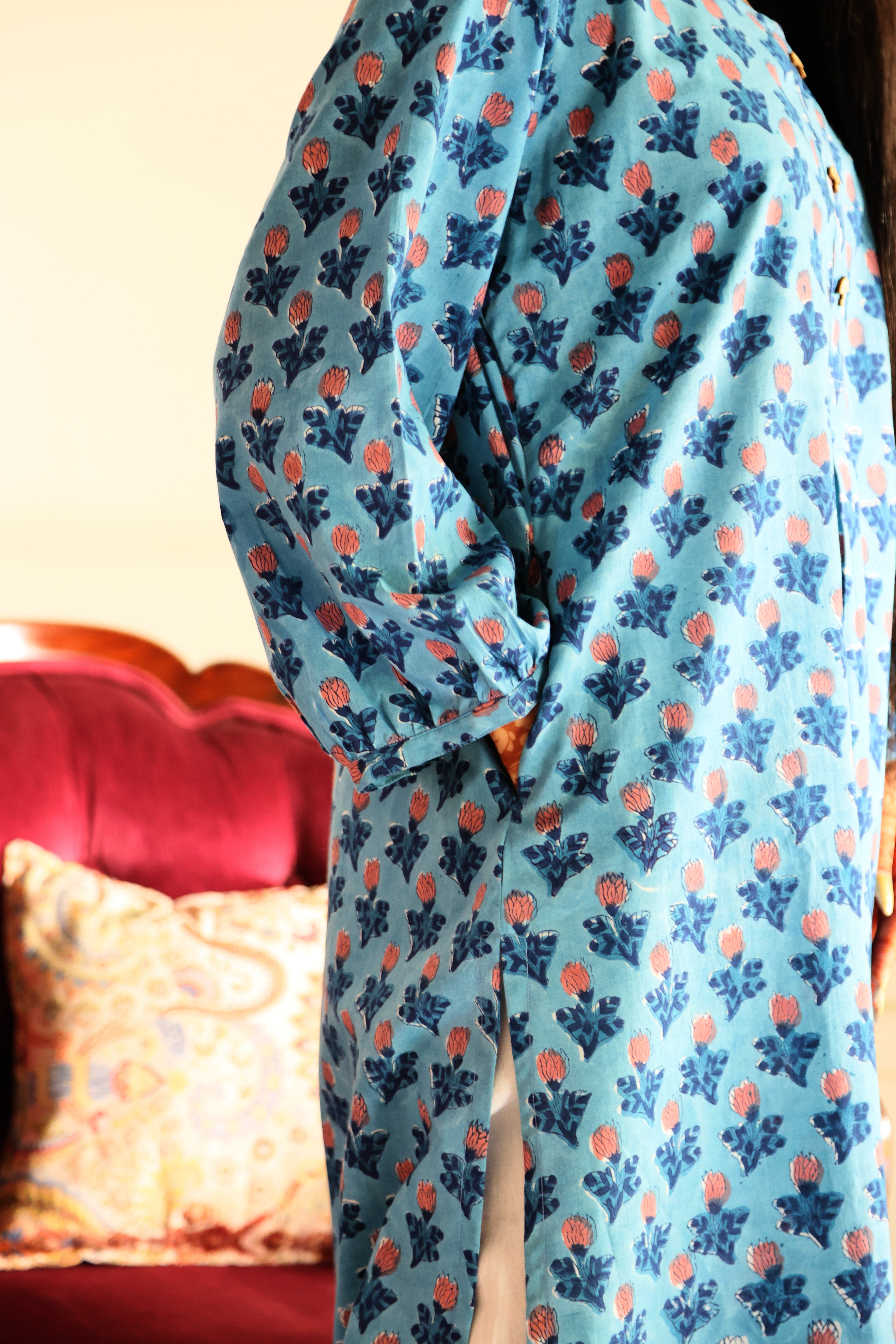 Blue Floral Jaipuri Hand Block Printed Cotton Kurta