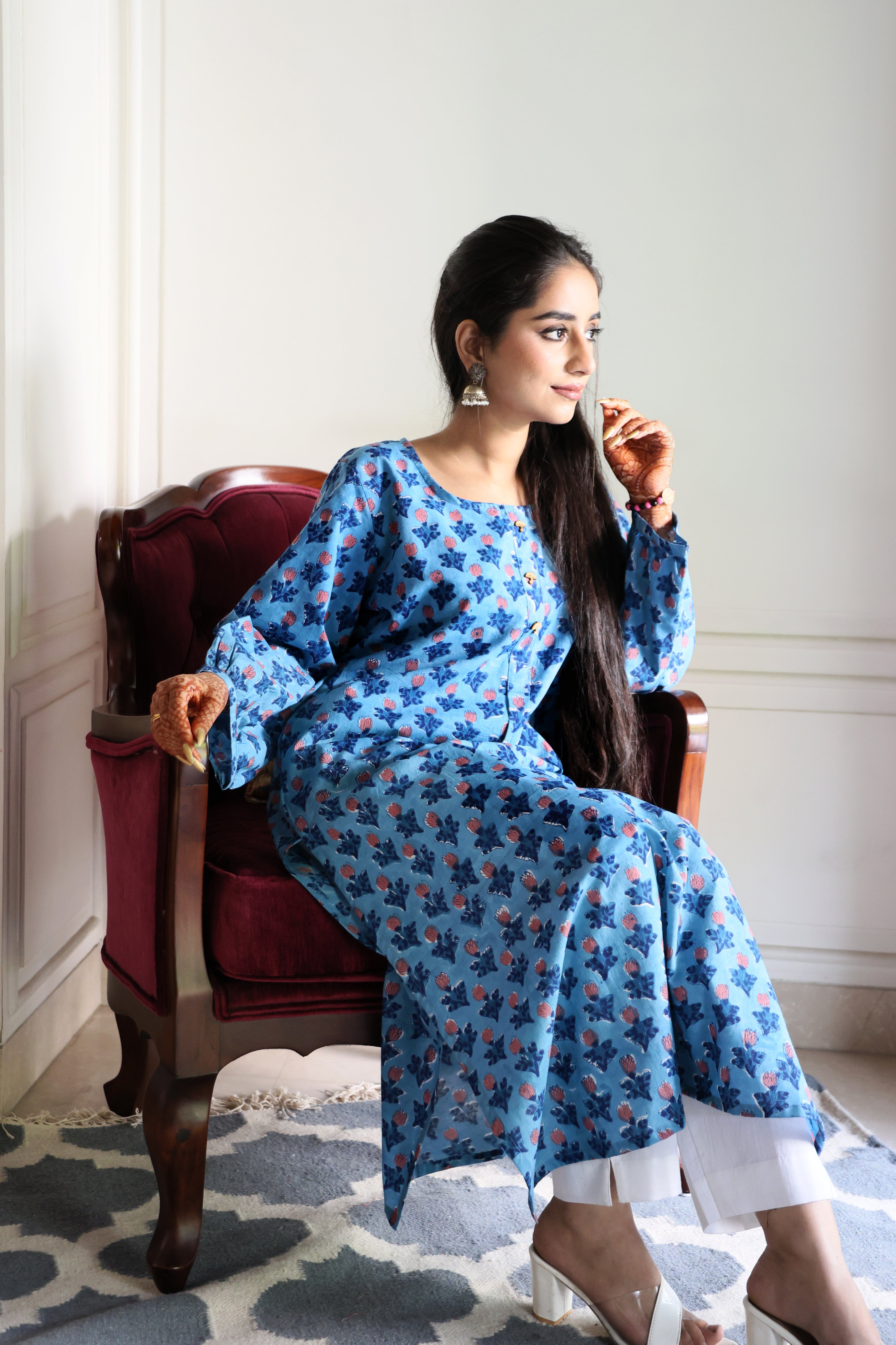 Blue Floral Jaipuri Hand Block Printed Cotton Kurta
