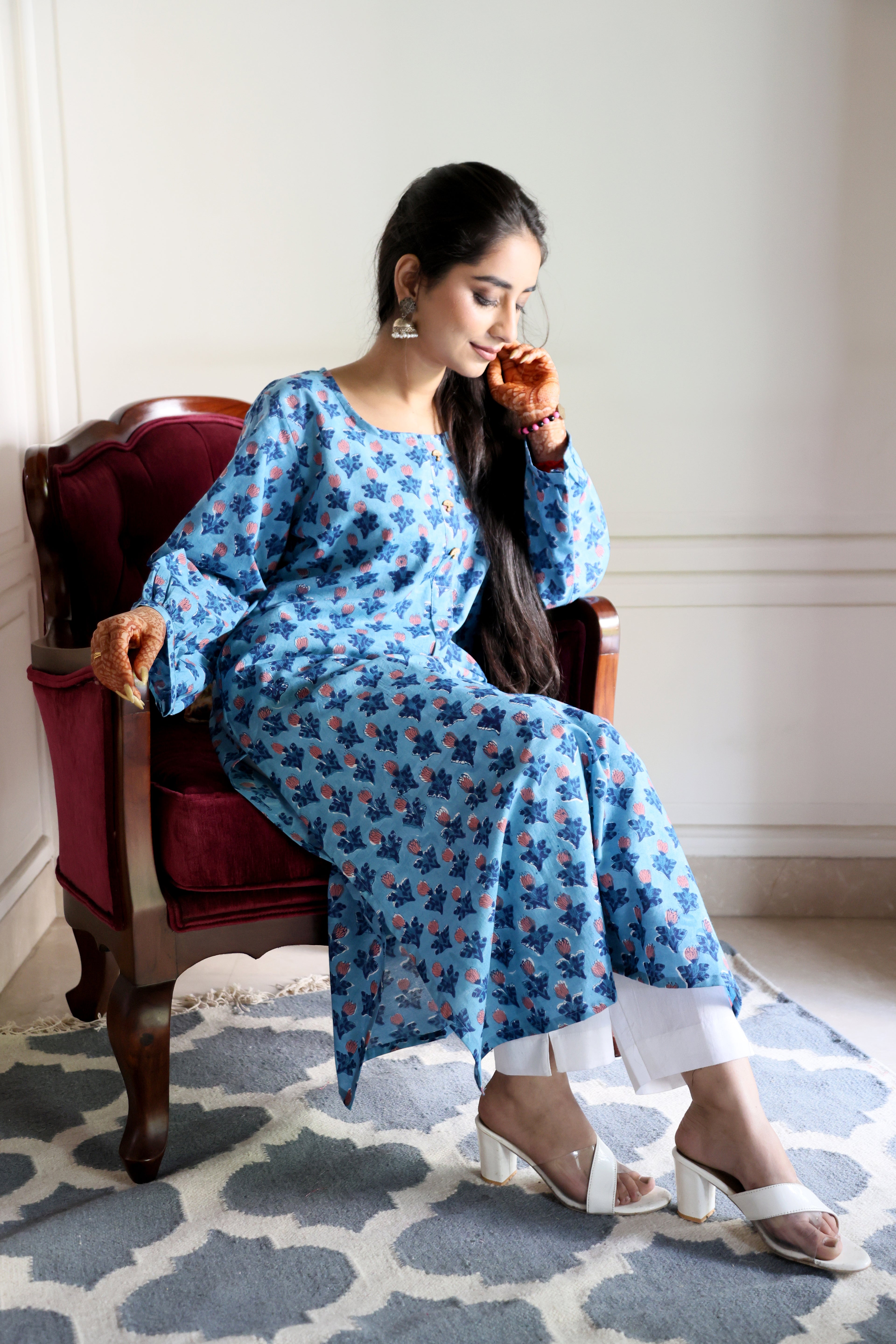 Blue Floral Jaipuri Hand Block Printed Cotton Kurta