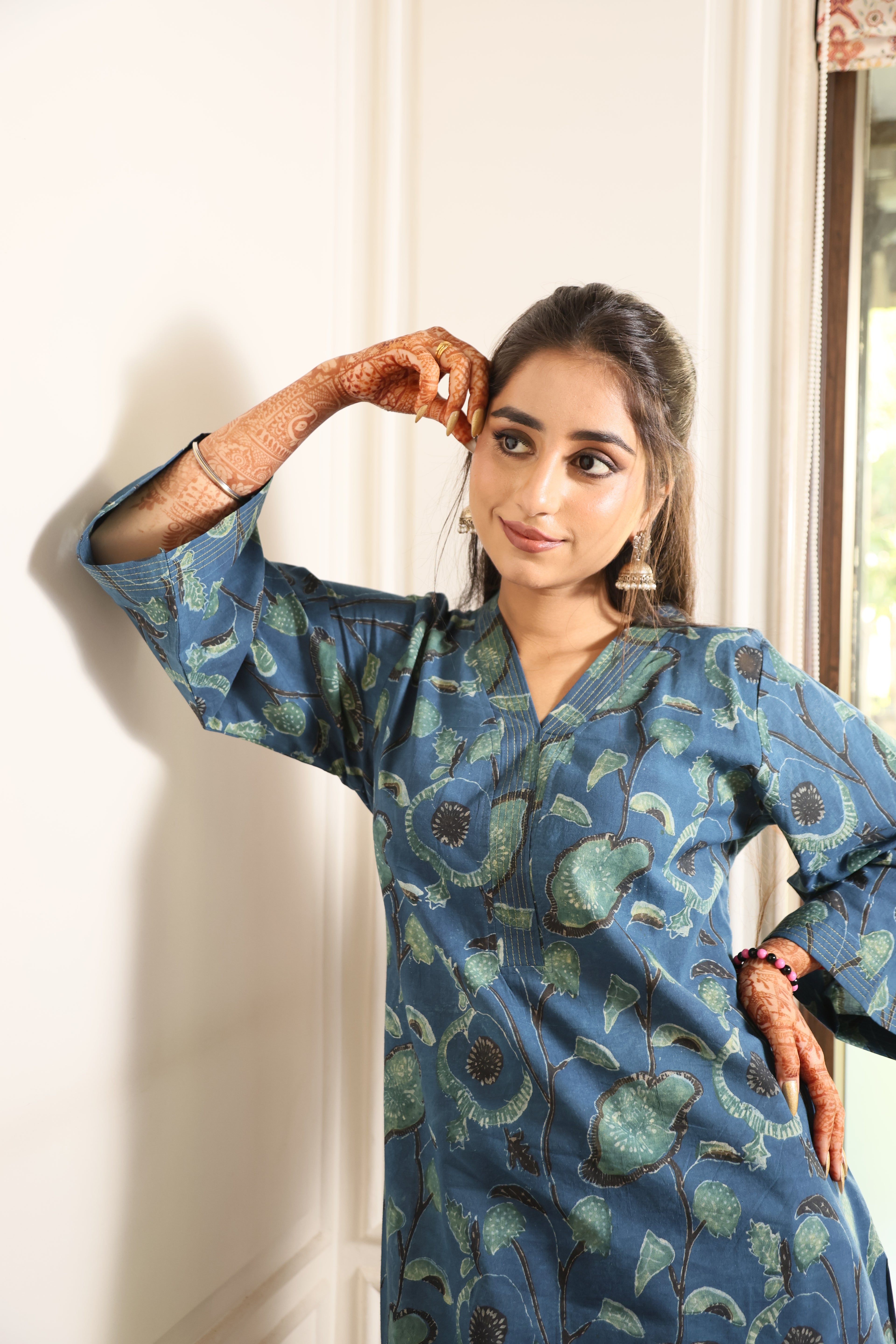 Blue Jaipuri Dabu Print Floral Cotton Kurta