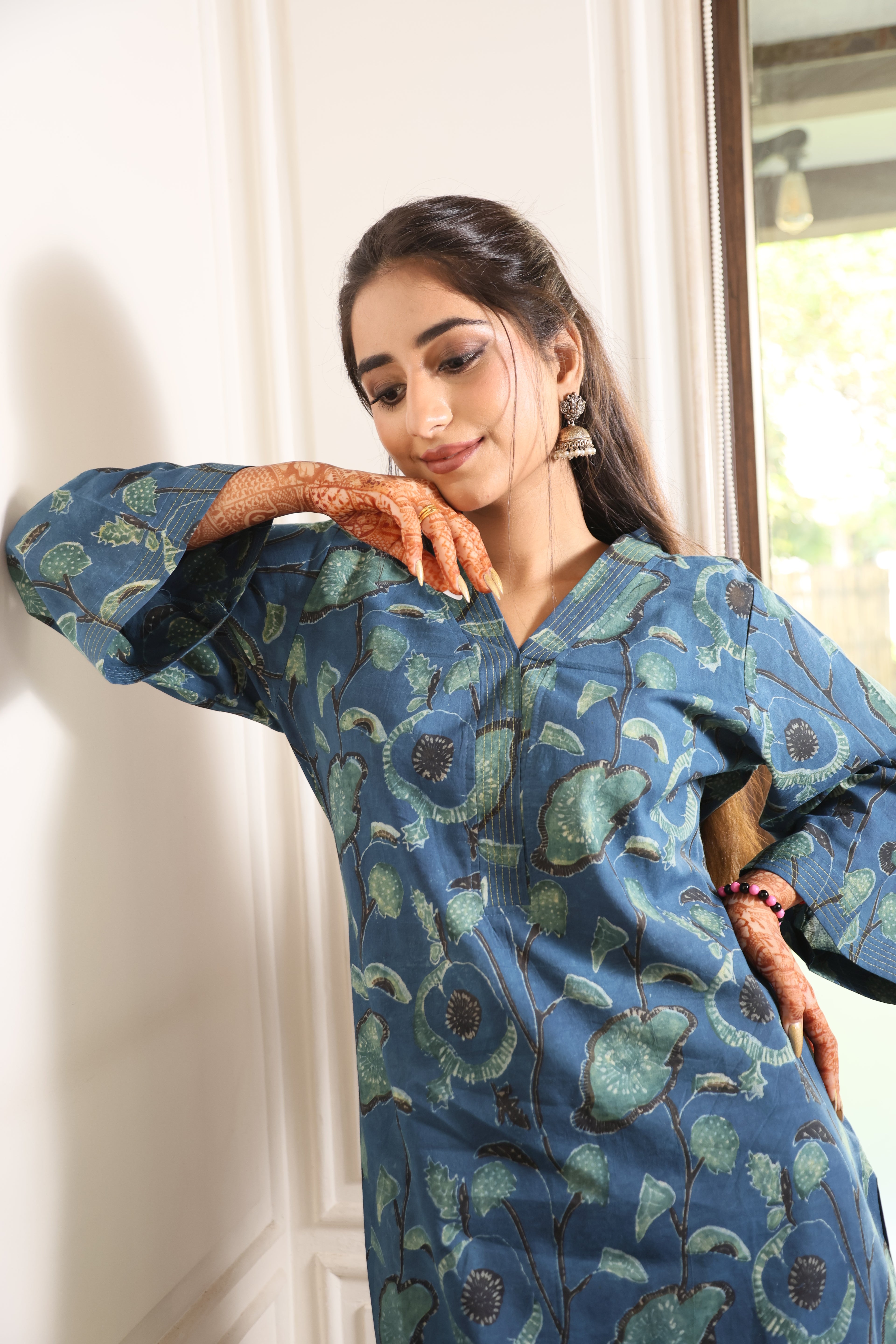 Blue Jaipuri Dabu Print Floral Cotton Kurta