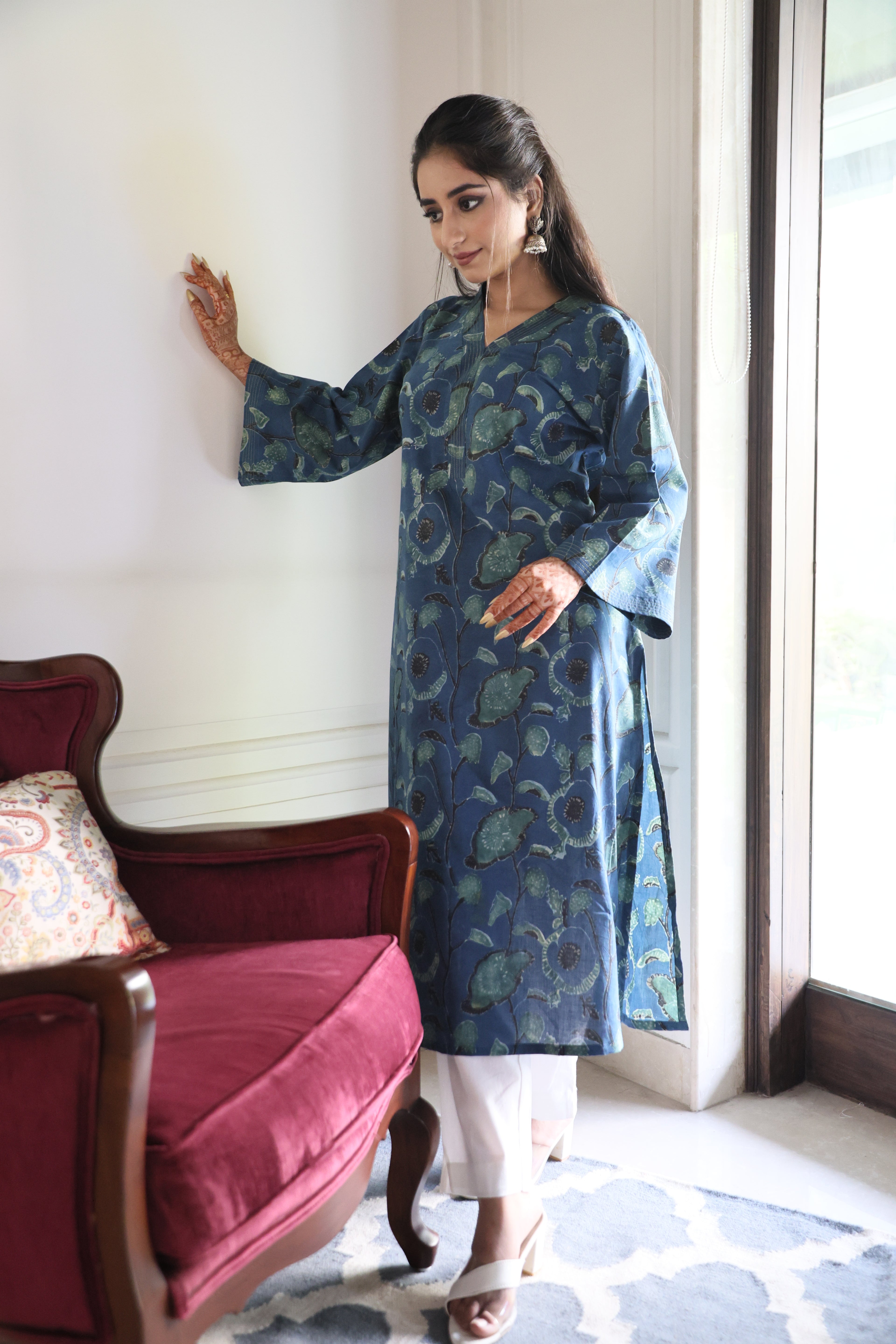 Blue Jaipuri Dabu Print Floral Cotton Kurta