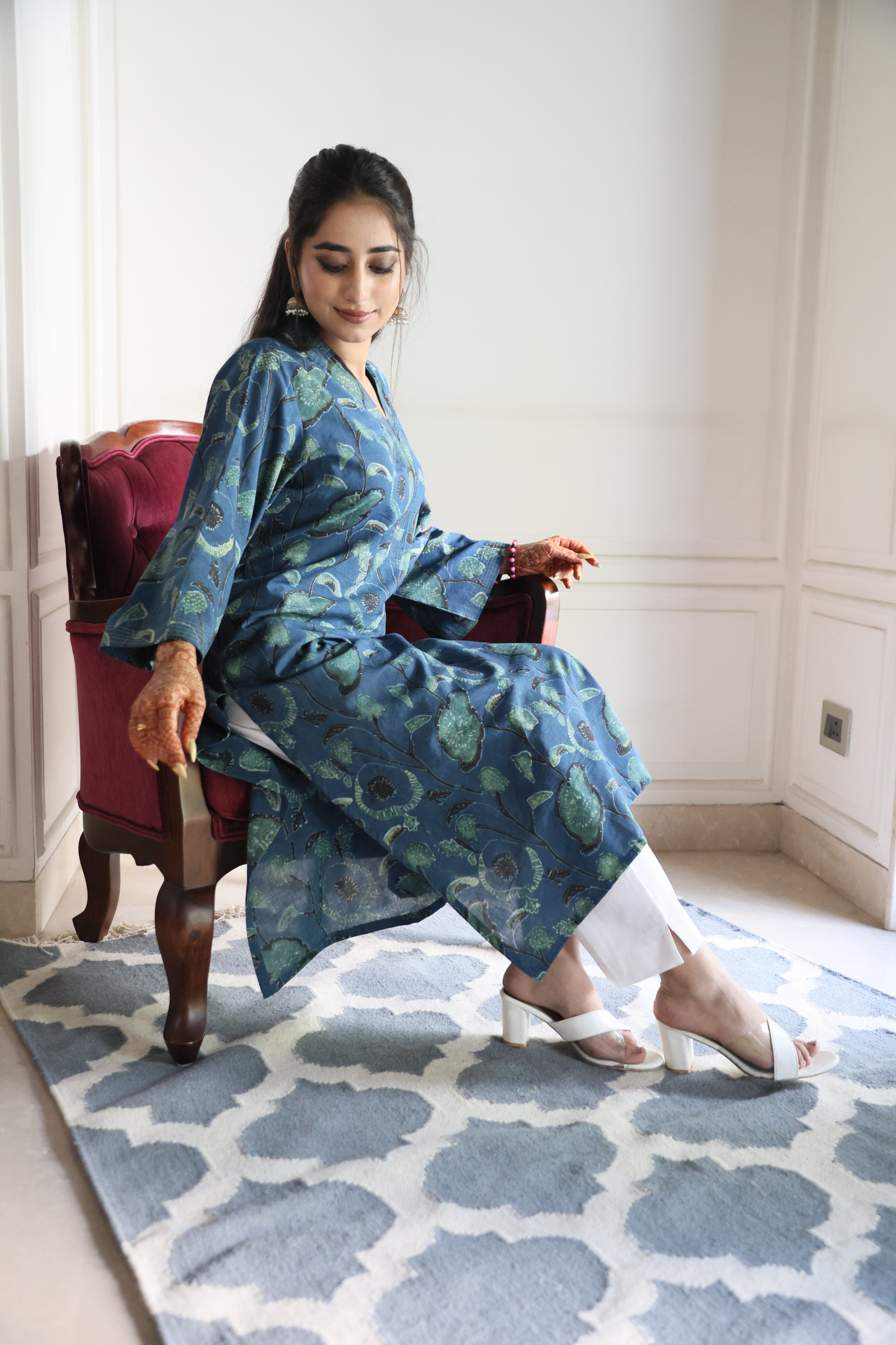 Blue Jaipuri Dabu Print Floral Cotton Kurta