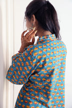 Blue & Yellow Floral Jaipuri 2 Piece Set with Kota Doria Dupatta & Gota Detailing on Kurta