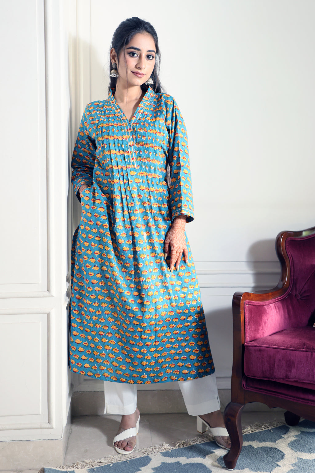 Blue & Yellow Floral Jaipuri 2 Piece Set with Kota Doria Dupatta & Gota Detailing on Kurta