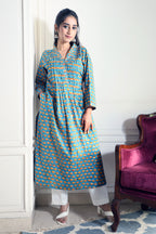 Blue & Yellow Floral Jaipuri 2 Piece Set with Kota Doria Dupatta & Gota Detailing on Kurta