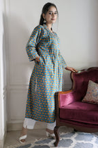 Blue & Yellow Floral Jaipuri 2 Piece Set with Kota Doria Dupatta & Gota Detailing on Kurta