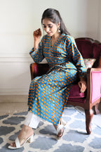 Blue & Yellow Floral Jaipuri 2 Piece Set with Kota Doria Dupatta & Gota Detailing on Kurta