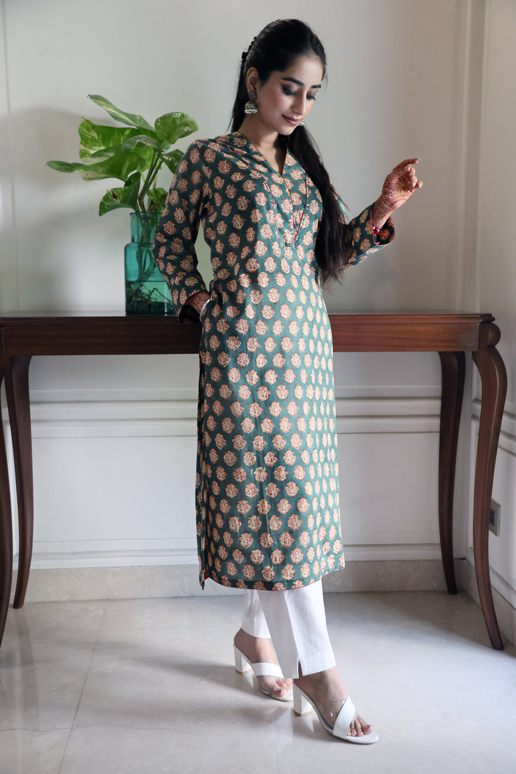 Green Floral Jaipuri 2 Piece Set with Kota Doria Dupatta