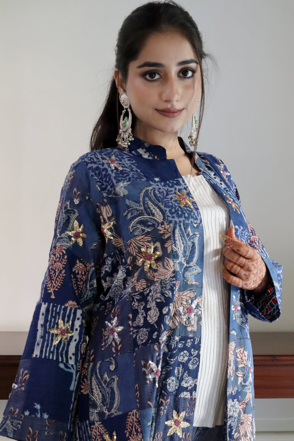 Blue Jaipuri Cotton Patchwork Jacket with Intricate Handwork