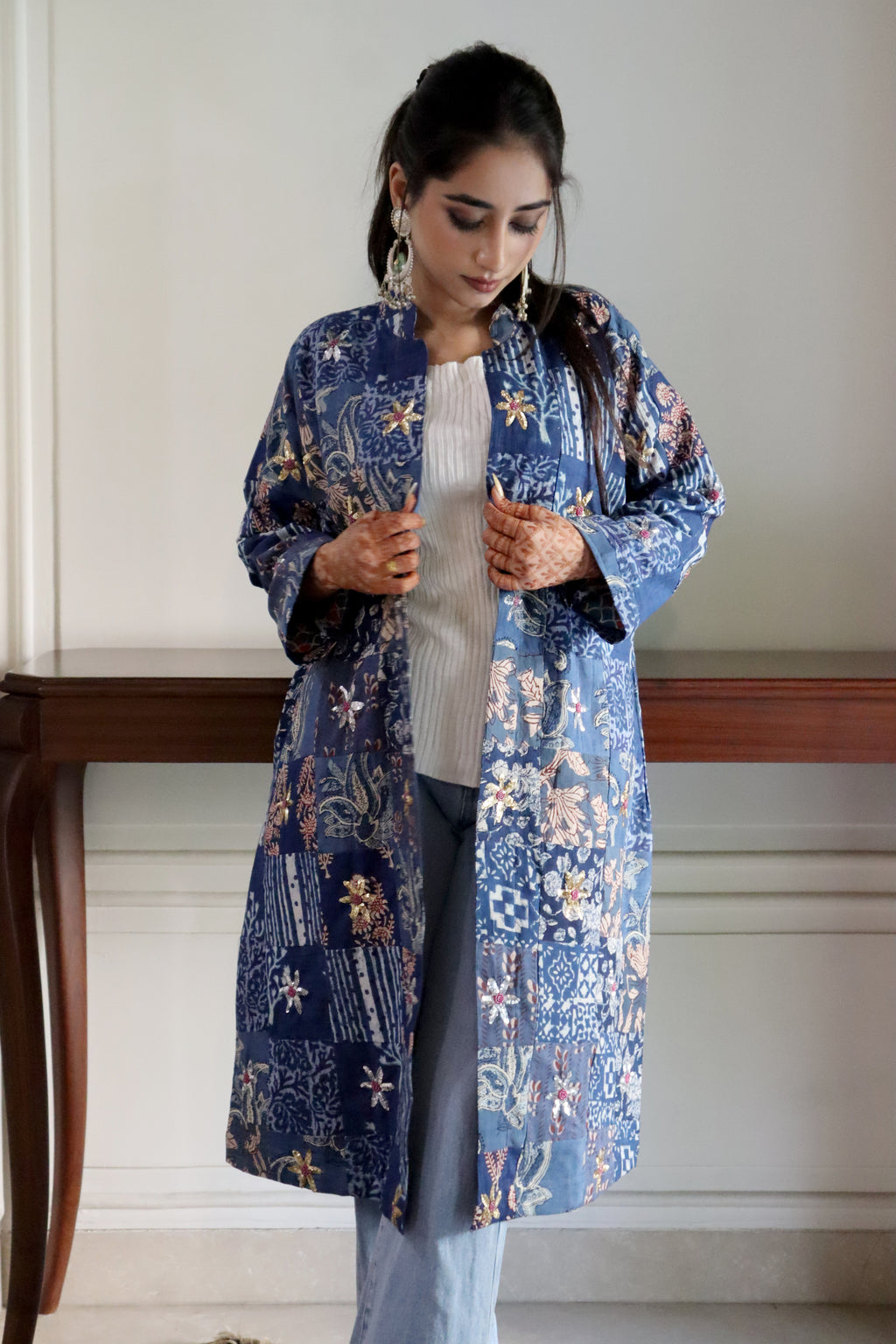Blue Jaipuri Cotton Patchwork Jacket with Intricate Handwork